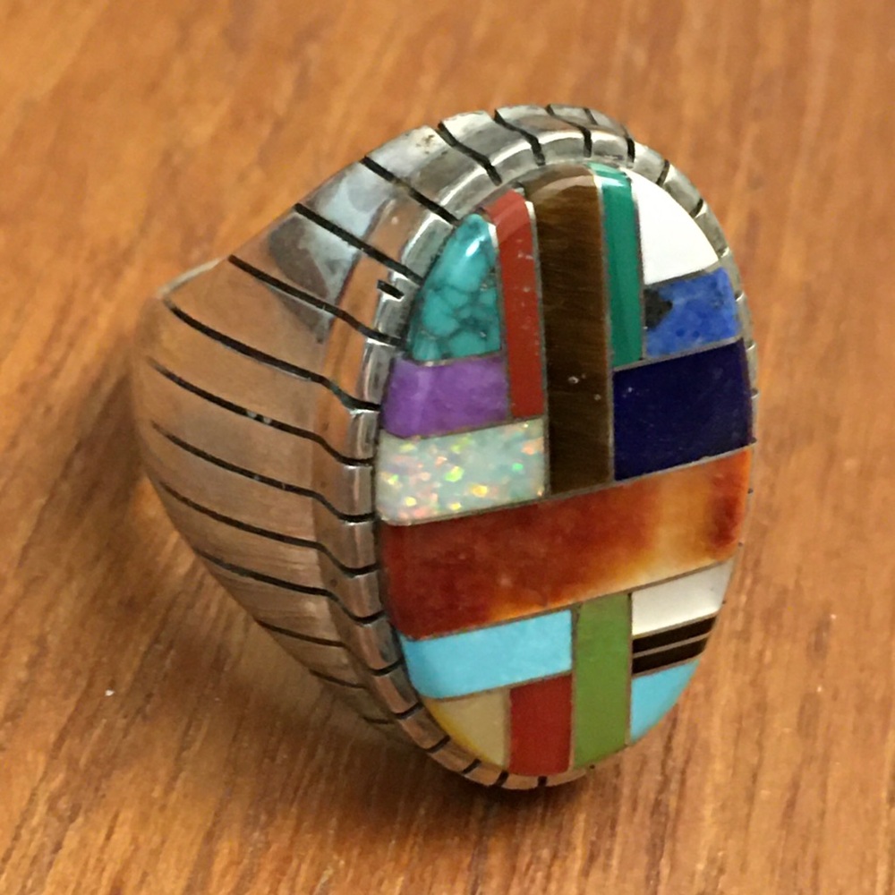 Native Silver Stone Inlay Ring Patchwork Mosaic O… - image 3